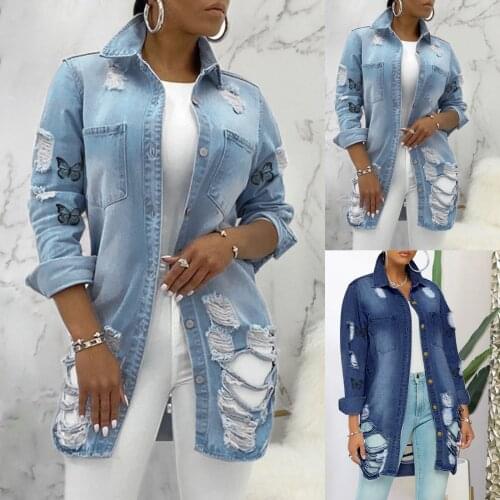 2021 New Women Denim Jacket Autumn Fashion Jeans Coat Button Perforated Jacket With Pocket Female Collar Outwear Jacket