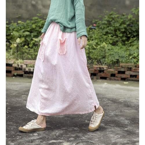 Women Loose Elastic Waist Ramie Skirt Ladies Patchwork Ramie Skirts Female 2021 Spring Summer Skirts