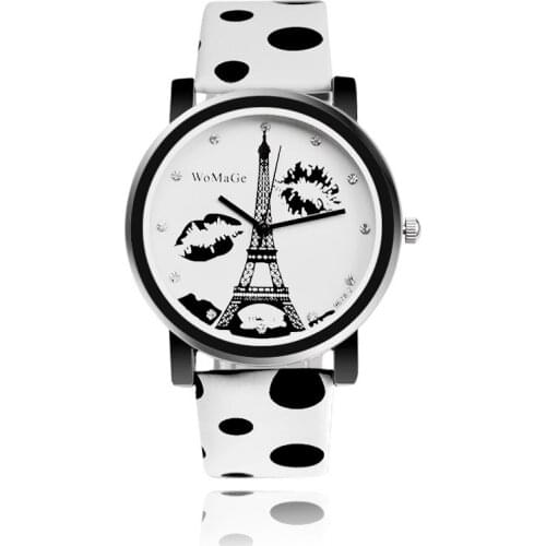 WOMAGE Womens Watches Fashion Eiffel Tower Watch Polka Dot Leather Strap Ladies Watches Clock relogio feminino bayan kol saati