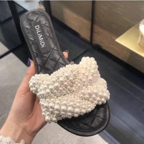 2019 Women Summer luxurious Pearl Bead Slipper Ladies Peep Toe Handwork Flat Gladiator Sandals Women Fashion Casual Shoes