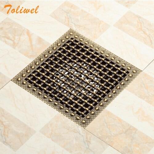 15 x 15 Square Bathroom Shower Drain Floor Drain Trap Waste Grate Antique Brass Grid Drain