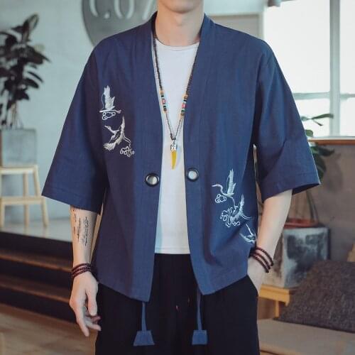 #7914 Spring Summer Vintage Chinese Style Jackets Men Embroidery Thin Kimono Jacket Cardigan Retro Kimono Outerwear Coat Loose