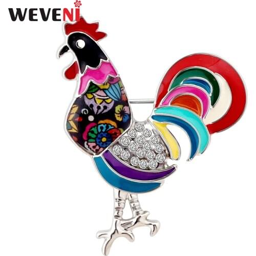 WEVENI Enamel Metal Rhinestone Chicken Rooster Brooches Novelty Animal Jewelry Pin For Women Girls Scarf Clothes Decoration Gift