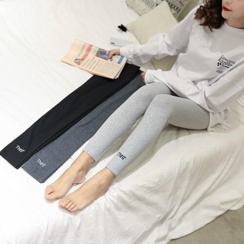 High Waist NEW womens casual Embroidery Letter Ribbed Pencil Trousers Girlss cute Slim Stretch Pants fashion Pencil Trousers