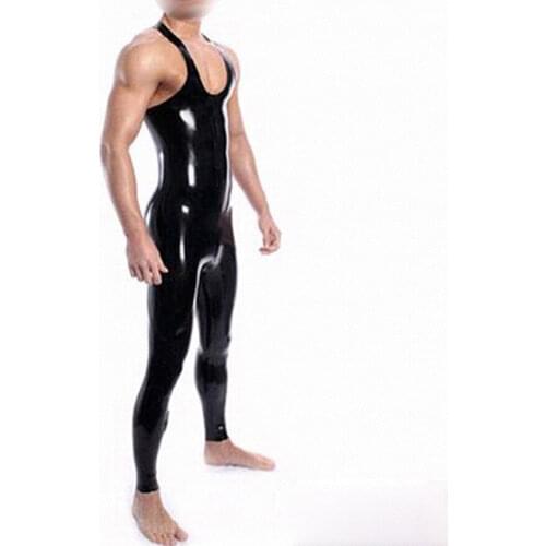 Handmade Black Mens Latex Rubber Catsuit Sleeveless Bodysuit Garment Club Wear Jumpsuit Gummi 0.4mm