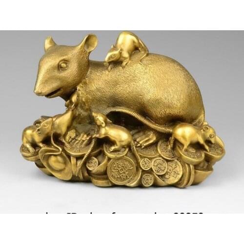 China Pure Brass Copper Zodiac Wealth Money Yuanbao Mice Mouse Rat Family Statue