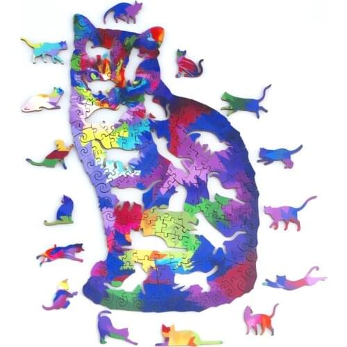Rainbow Cat Wooden Puzzles For Adults Children Wooden Jigsaw Puzzle Games Toys Animal Shapes 3D Wood DIY Puzzle Crafts Gifts