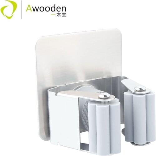 Stainless Steel Mop and Broom Holder Wall Mount No Drill Hole Damage to Wall Spring Clip Silicone Protector Broom and Mop holder