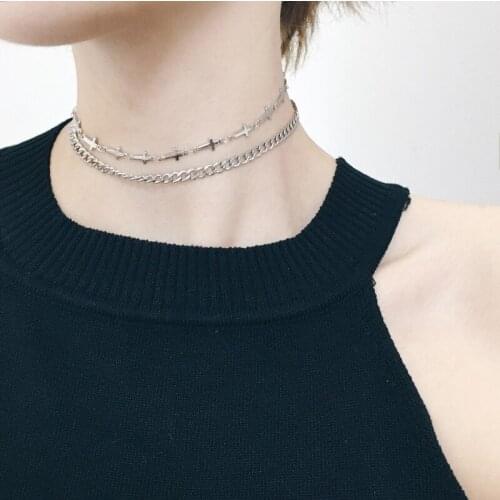 Double Layer Silver Color Simple Chain Cross Collar Chokers Titanium Steel Clavicle Chain Neck Jewelry Colliers kolye For Women