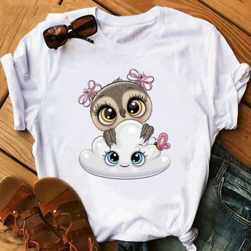 Cartoon Owl T Shirt Women Printed Graphic Shirts for women Short Sleeved Casual White Female Tee Round Neck Harajuku T-shirts