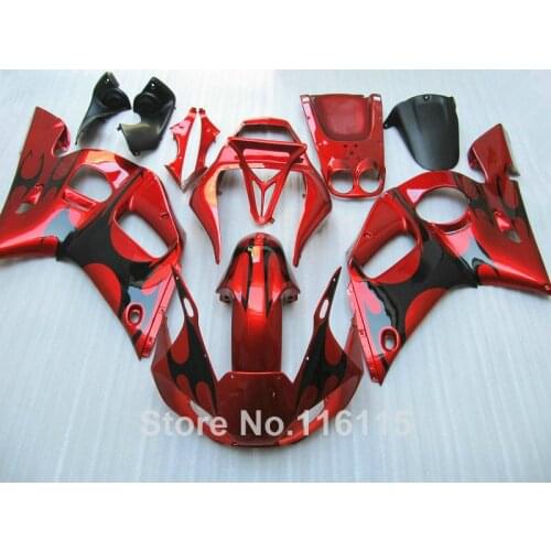 HOT fairing kit for YAMAHA 1998 1999 2000 2001 2002 R6 YZF R6 98-02 black flames in red fairings set #3263