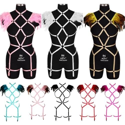 Goth Style Top Design Body Bondage Feather Garter Set Bra Harness Garters Belts Performance Sexy Lady Matching Set SwordBelt
