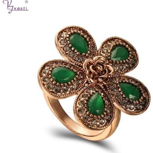 Kfvanfi green stone ring rhinestones jewelry flower vintage rings for women