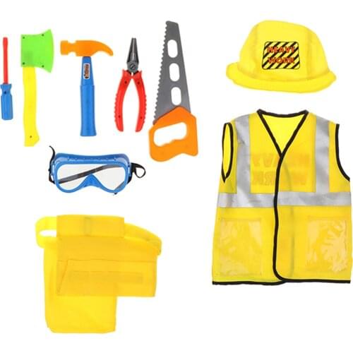 Kids Role Play Costume Set - 9Piece Construction Worker Kids, Builder Dress Up Kit with Hat, Tool Belt, Vest & Repair Tool Kit