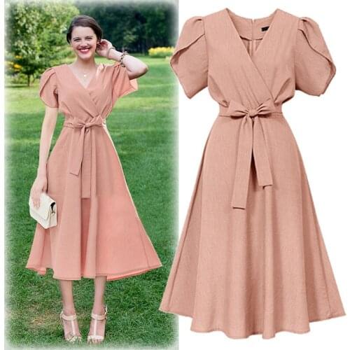 Summer V-neck Short-sleeved Summer Dresses Casual Solid Petal Sleeve V-neck Plus Size Dress Women 2020 Ropa Mujer