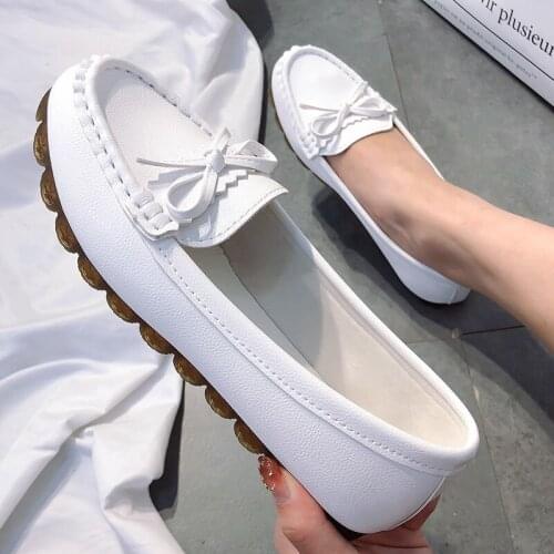 2021 New Spring White Nurse Shoes Rubber Sole Flat Keel Thin Shoes Soft Bottom Soft Leather Moccasin-Gommino Womens Shoes