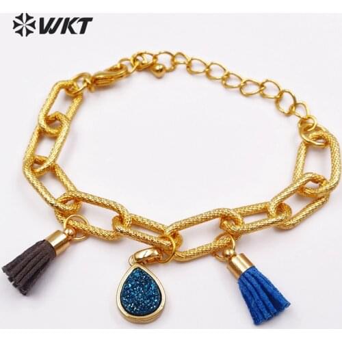WT-B393 The New Feeling Heart Teardrop Shape Beautiful Colorful Tassel And Druzy Bracelet 24K Link Chain Cool Bracelet