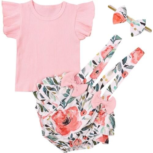 New Baby Girl’s Casual Three Piece Suit Sweet Solid Color Fly Sleeve T-shirt and Suspender Shorts with Headband