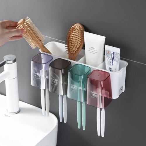 1 Set Toothbrush Rack Free Punching Bathroom Wall-Mounted Toothbrush Box Household Mouthwash Cup Set Bathroom Organizer