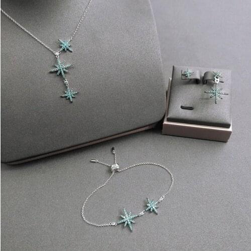 S925 sterling silver new lake blue three Star necklace six-pointed star earrings earrings Star shape bracelet sweater chain