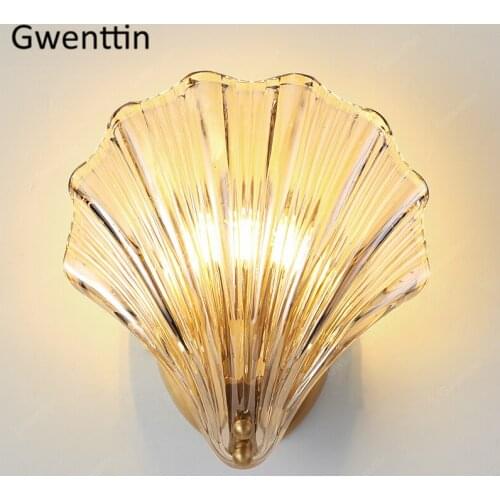 Modern Glass Shell Wall Lamp Copper Wall Sconce Light Fixtures Led Mirror Lights for Bathroom Bedroom Home Art Decor Luminaire