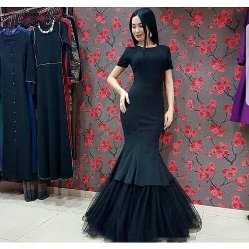 Black Colour Mermaid Evening Dress Short Sleeves Formal Party Dresses Women Wear With Tulle Skirt Vestidos de fiesta Plus Size