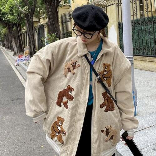 Corduroy baseball jacket womens clothes embroidery bear autumn winter apricot zipper cute kawaii2021 student vintage short coat