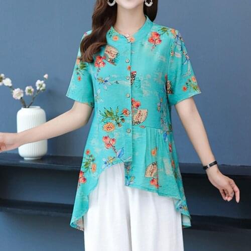 Summer Short Sleeve Women Irregular Print Casual Blouses Loose Shirts Lady Fashion All-Match Large Size Tops Blusas MM0345