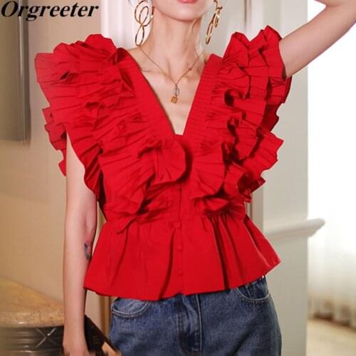 Red Casual Ruffles Shirts for Women Sexy V-neck Sleeveless Backless Ruched Slim Blouses Female 2021 Summer Fashion New Black