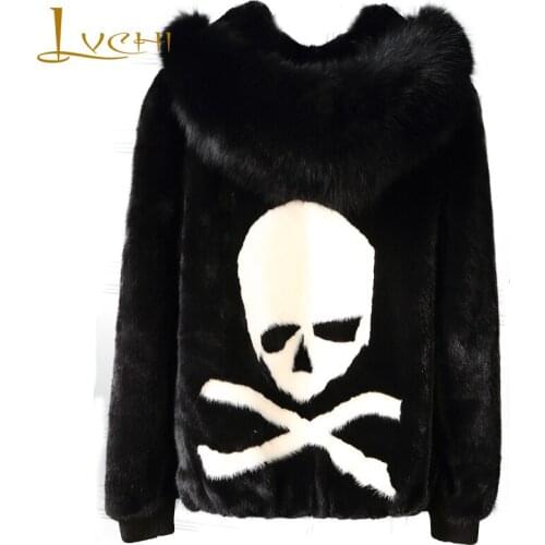 LVCHI Winter 2019 3D Print Skull Real Mink Fur Coat Womens Long Sleeve Short With Fur Hood Black Cool Lady Loss Mink Fur Coats
