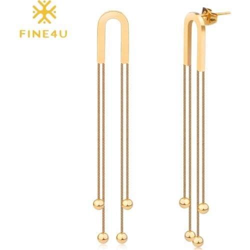 FINE4U E138 Stainless Steel Long Tassel Chic Dangle Earrings For women Geometric Drop Pierced Earrings