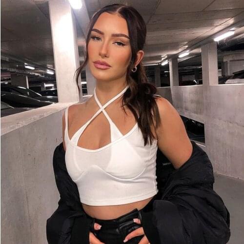 Hirigin Women Sleeveless Tube Crop Top Fashion Sexy Criss Cross Halter Neck Solid Color Cutout Tank Vest 2021 Club Streetwear