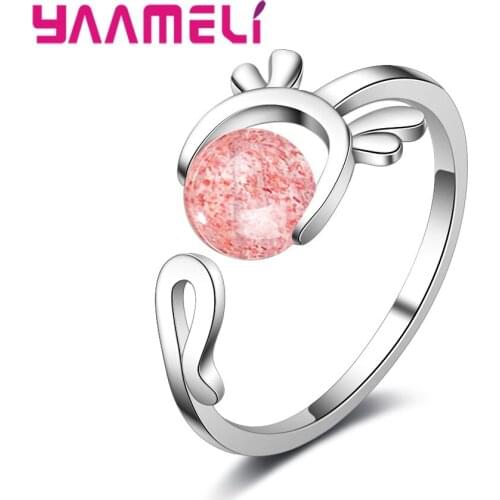Trendy Korean Style 925 Sterling Silver Open Ring Pink Strawberry Crystal Deer Antlers Rings For Women Anniversary Gift Bijoux
