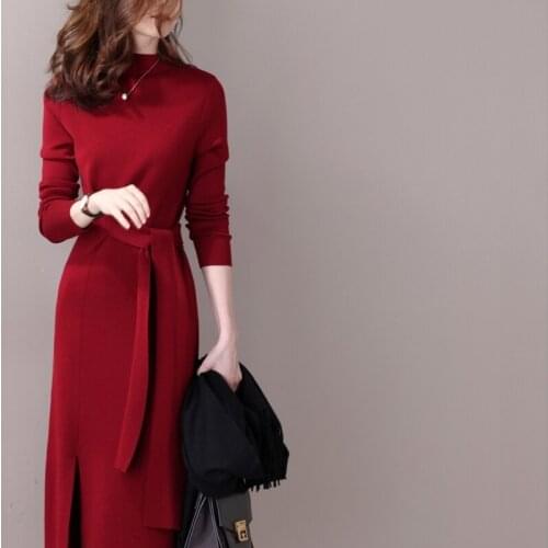 Vintage Fashion Plus Size Turtleneck Dress Belt Collect Waist Solid Color Split Knitted Dresses Spring 2021 Women