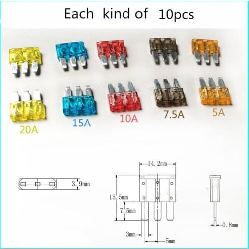 50Pcs/Set Fuse 3 Pins Automotive Car Fuse for Ford Focus Mondeo Dodge 5A 7.5A 10A 15A 20A