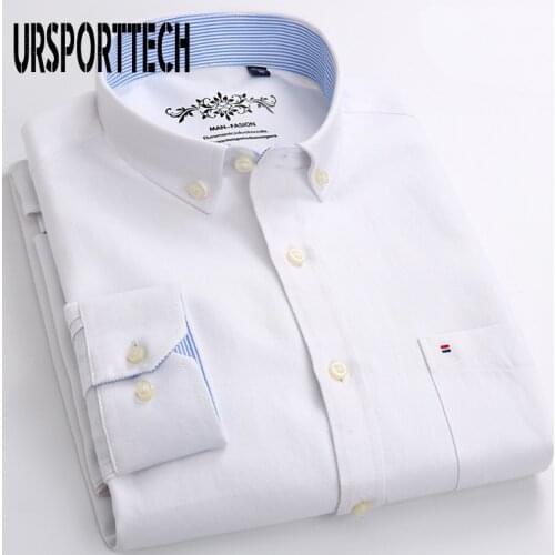 White Long Sleeve Shirt Men Solid Color Oxford Dress Shirt With Left Chest Pocket High-Quality Male Casual Top Button Down Shirt
