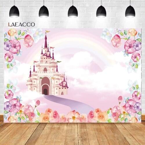 Laeacco Princess Fantasy Dream Castle Rainbow Pink Watercolor Painting Background Birthday Party Customized Photography Backdrop