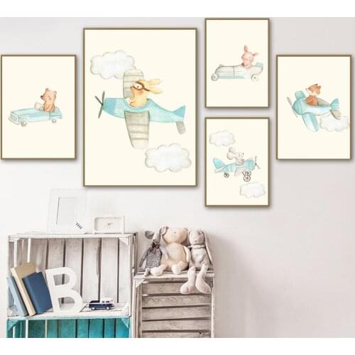 Bear Rabbit Pig Fox Mouse Plain Car Cloud Wall Art Canvas Painting Nordic Posters And Prints Wall Pictures Baby Kids Room Decor