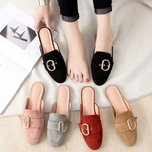 Large Size 41-44 Womens Home Slippers Fashion Buckle Female Mules Shoes Summer Autumn Cow Suede Rubber Soled Casual Slides