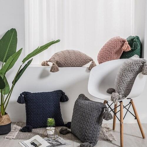Tassels Pillowcase Soft Chenille Knit Solid Color Square Cushion Cover with Hairy Ball Home Decor for Sofa Bed Chair 45x45cm