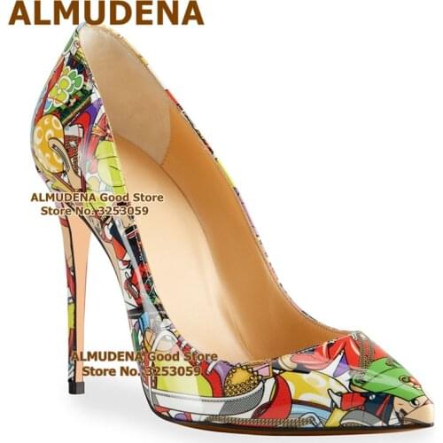 ALMUDENA Newest Irregular Pattern Printed High Heels Multi-color Patent Leather Slip-on Wedding Shoes 12 10 8cm Stiletto Heels