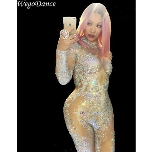 New sexy sparkling crystals fashion mesh singer costume full rhinestone jumpsuit woman Dj Diamonds gogo dancer clothing
