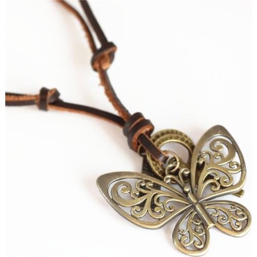 Punk Brown Genuine Leather Long Sweater Chain Alloy Hoops Cross Hollow Butterfly Pendant Necklace Men Women Homme Jewelry