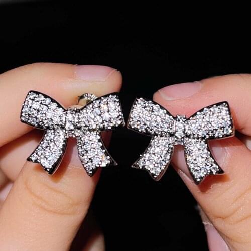 Popular super fairy design, full diamond zircon bow earrings, womens trend, versatile silver needle Earrings