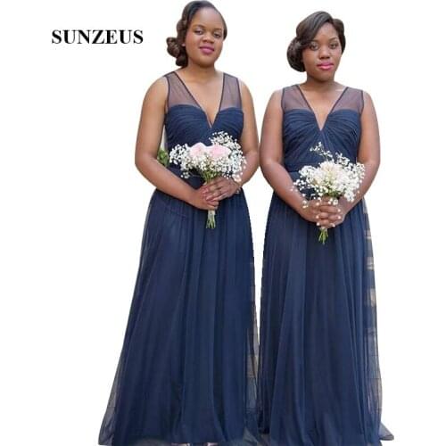 Navy Blue Tulle Bridesmaid Dress A-line V-neck Tank Long Wedding Party Gowns For Women Formal Wear