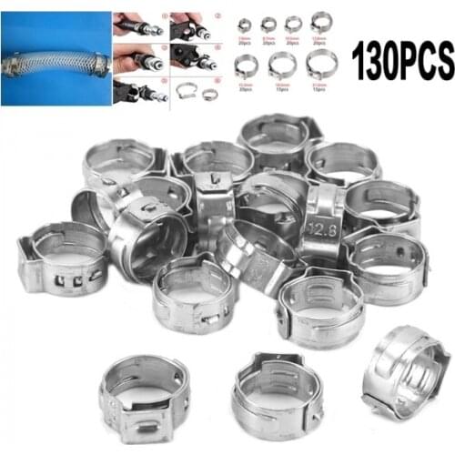 130PCS Stainless Steel Single Ear Hose Clamp 5.8-21mm Crimp Hose Clamp Kit Assortment