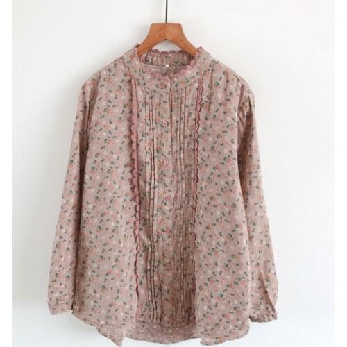 2020 New Spring Autumn Lace Stand Collar Blouse Vintage Floral Print Loose Cotton Yarn Long Sleeve Shirt Women