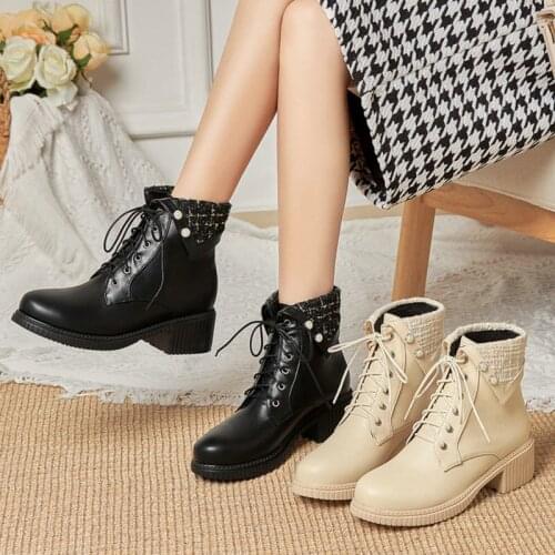 New Fall Sen Womens Shoes Small Fragrance Style Color Matching Thick Heel Retro Pearl Ankle Boots Spring Lace-up Female Booties