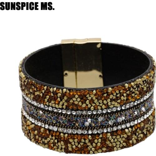 Trendy Full Rhinestone Leathers Cuff Bracelets For Women Bohemia Magnetic Clasp Crystal Spring Bracelet Female Accessories 2018