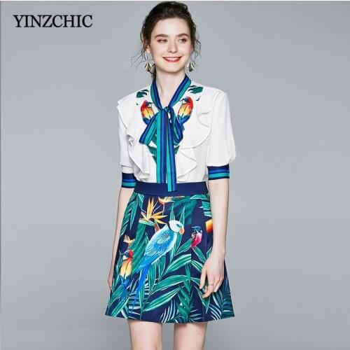 Summer Woman Print 2pcs Suits New Now-neck Blouse + Short Pleated Skirt Set for Ladies Vintage Blouse Skirt Suits Woman